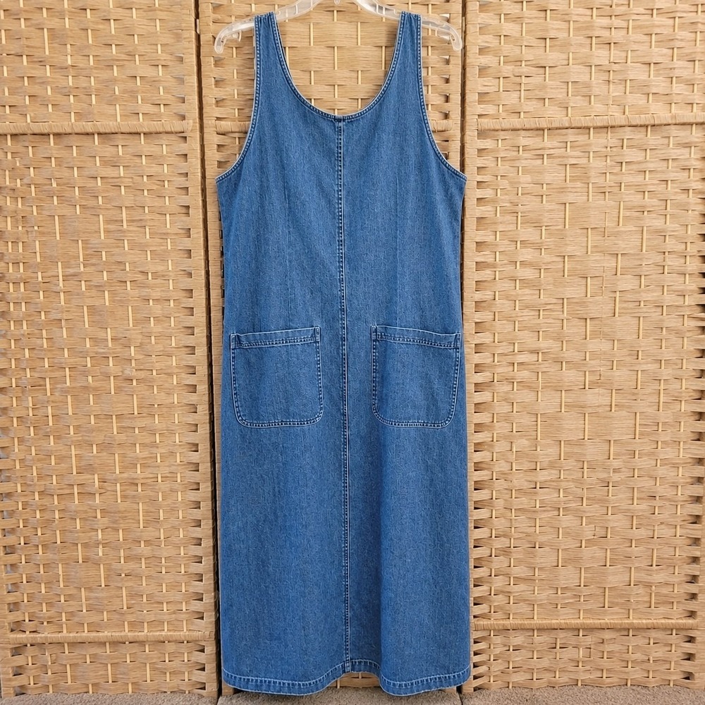 VTG 90s L.L. Bean Denim Jumper Dress Womens 8 Petite Pockets Maxi Sleeveless 8P